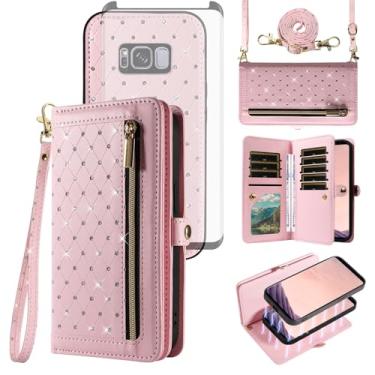 Imagem de Asuwish Capa de celular para Samsung Galaxy S8 Plus carteira com zíper destacável com protetor de tela alça transversal Bling Flip suporte para cartão de crédito S8plus S 8 8plus 8S Edge S8+ SM-G955U