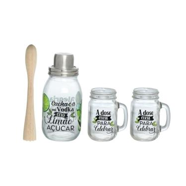 Imagem de Kit 4 Peças Caipirinha Coqueteleira Completa Vidro Transparente Com Copo Aço Inoxidável