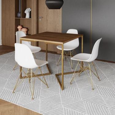 Imagem de Mesa Jantar Industrial Quadrada 90Cm Amêndoa Base V C/4 Cadeiras Branc