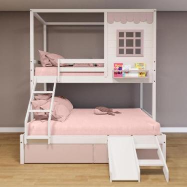 Imagem de Beliche Casinha Reta Casal/ Solteiro 02 Gavetas Rosa Escorregador Made