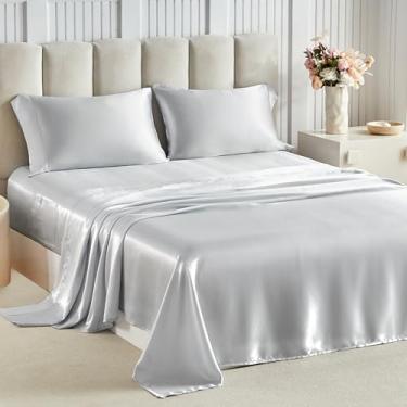 Imagem de Tokokimo Lençóis de cetim tamanho CKing 4 peças - lençol de cama macio sedoso com bolso profundo de 40,6 cm, sem rugas, protetor de cabelo e pele, 1 lençol de cima, 2 fronhas