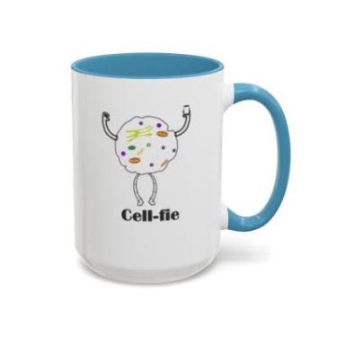 Imagem de SpreadPassion Caneca de café de ciência engraçada Cell-fie – Trocadilho celular de biologia – Caneca com detalhes de cerâmica para amantes da ciência, biólogos, professores e estudantes (azul claro