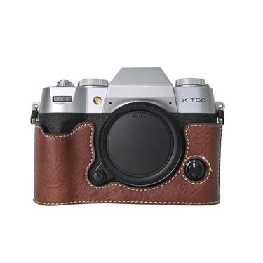 Imagem de VOVMOEYA Capa de câmera para câmera digital sem espelho FUJIFILM X-T50, meia capa Fuji XT50 com interior de microfibra macia, funciona bem com furos de 1/10.2 cm-20 fios retrô couro PU Litchi