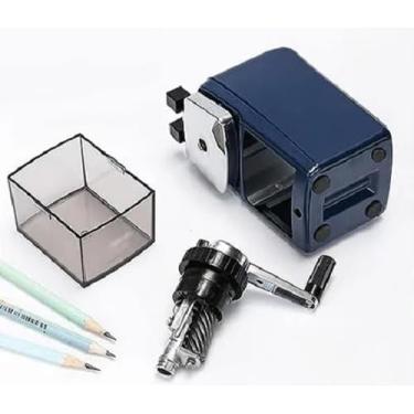 Imagem de Apontador de Mesa Manual com Manivela Azul | Lâmina em Aço, Depósito Coletor e Base Antiderrapante | Design Retrô, Resistente e Ergonômico