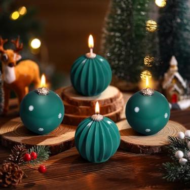 Imagem de Treela 4 velas de bola de Natal, floco de neve e lanterna de 7,6 cm, vela redonda sem cheiro, presente para Natal, inverno, decoração de férias, cozinha, ano novo, mesa de centro de mesa (verde)