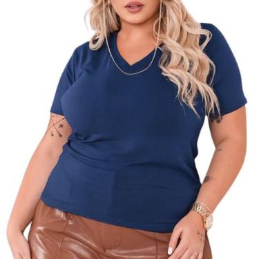 Imagem de Blusa Camiseta Plus Size Feminina Manga Curta Gola V em Malha Casual -
