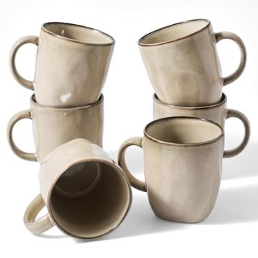 Imagem de famiware Conjunto de 6 canecas de café, Ocean Square 368 g com alça para cacau, leite, chocolate quente, chá, água, copos de grés para cozinha, micro-ondas e lava-louças, cáqui claro