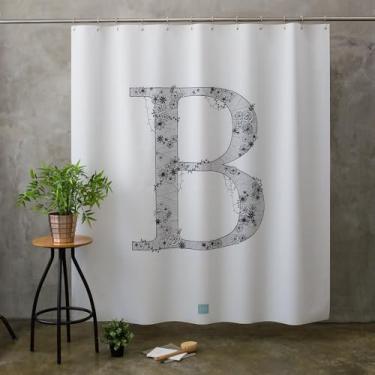 Imagem de onesevennine Cortina de chuveiro de designer coreana – Sem costura, resistente à água (180 cm L x 188 cm C) Letras florais B - Inclui 12 ganchos de plástico para fácil configuração