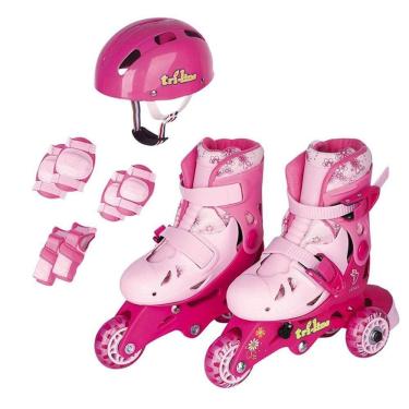 Imagem de Patins Tri-Line/ In line com acessórios - Tam 26 a 29 - Rosa - Fenix