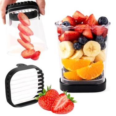 Imagem de Cortador de morango com lâminas inoxidáveis, copo de frutas, cortador de morango, ferramenta de preparação de alimentos eficiente e fácil, ideal para fatiar morangos, bananas e muito mais