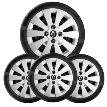 Imagem de 4X Calota Sandero Clio E Logan Aro 14 Prata Com Emblema