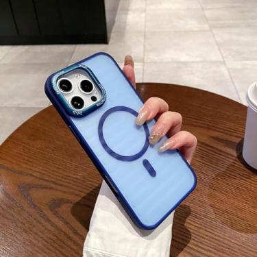 Imagem de HJZSZX Para iPhone 16 Pro Max Fashion Purple Stripe Clear Case Carregamento sem fio Magnetic Matte Cover (Para iPhone 16 Pro Max/Azul)