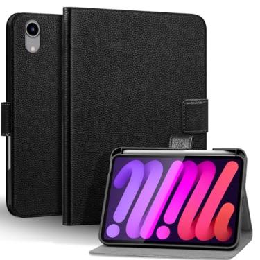 Imagem de Thryxop Capa de couro genuíno para iPad mini 7ª/6ª geração de 8,3 polegadas 2024/2021 | com suporte para lápis e suporte ajustável, fecho magnético, capa automática para despertar/hibernar | preta