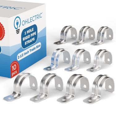 Imagem de OHLECTRIC Correia de tubo resistente (pacote com 10 - 5,5 cm) braçadeiras de conduíte zincadas, suporte em U de alça de tubo rígido de aço de 1 furo, clipe de tubo de tensão revestido de zinco