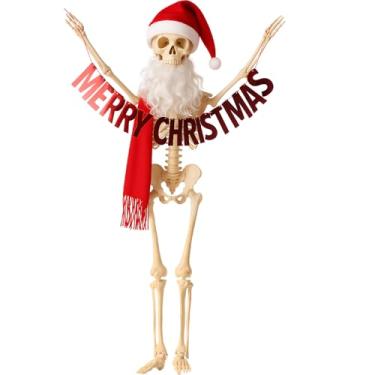 Imagem de Tarpop Conjunto de acessórios de fantasia de Natal de esqueleto gigante de 3,6 m, chapéu de Papai Noel, cachecol e barba, faixa de Natal para jardim, gramado, pátio, decoração ao ar livre