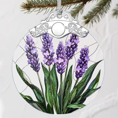 Imagem de Enfeite de vitral: enfeite de Natal de flor de lavanda - decoração de árvore de Natal e decoração de férias | Presentes para amantes de flores, troca de presentes e presentes para família, colegas de