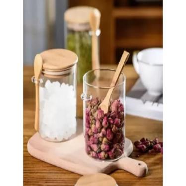 Imagem de Kit 3 Pote com Tampa Bambu c/colher 400ml Vidro Hermético