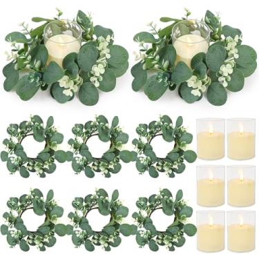 Imagem de ACMEE Anéis de vela de eucalipto com conjuntos de velas sem chamas – 6 conjuntos de coroas de mesa de centro de mesa de eucalipto artificiais para decoração de festa de chá de bebê (6 conjuntos)