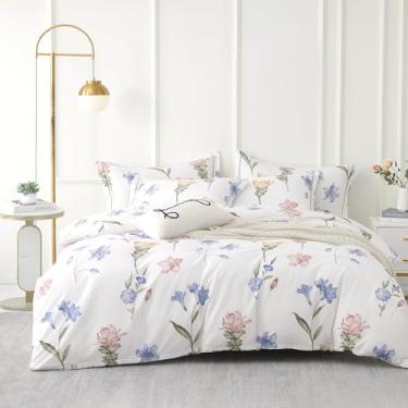 Imagem de ALEISSEL Conjunto de edredom floral, 3 peças, de algodão natural, tamanho Queen - edredom branco com blush, estampa floral azul e bege, conjunto de cama leve com atualização neuronal (Queen 224 cm x