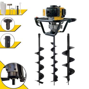 Imagem de Perfurador de Solo Máquina Fura Terra Trado Motorizado Lynus PSL517 À Gasolina 2T 52cc 1,7HP 9.000rpm + KIT 3 Brocas 80x10, 80x15 e 80x20