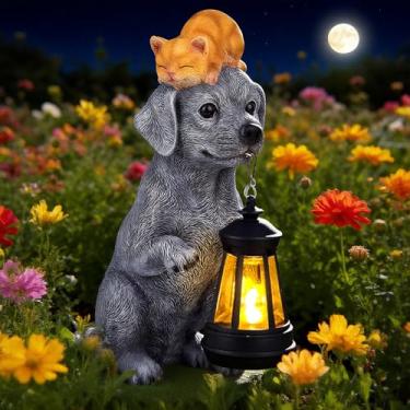 Imagem de ILLUMINEW Estátua solar de jardim de cachorro com lanterna e gato dormindo – Estatueta de resina para decoração de quintal ao ar livre, presentes para mulheres, mãe, avó