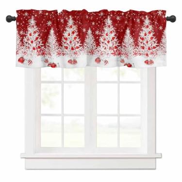 Imagem de Cortina de árvore de Natal para janelas de cozinha, árvore de Natal branca com camada de bola vermelha, flocos de neve, grão de madeira vermelha, tratamento de janela, sanefas para quarto/sala de