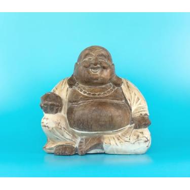 Imagem de G6 Collection 8" Wooden White Washed Laughing Happy Buddha Statue Hand Carved Smiling Sitting Sculpture Handmade Figurine Decoration Home Decor Accent Handcrafted Art Happy Buddha (White Washed)