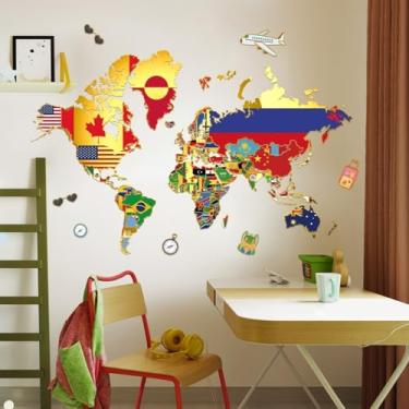 Imagem de Decalques de parede de mapa do mundo com carimbo dourado, decalque de parede para crianças com mapa do mundo educativo, decoração para berçário, sala de estar, quarto, sala de aula (Mapa dourado)