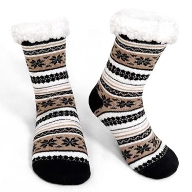 Imagem de CaiDieNu Meias felpudas masculinas com pegas, Floco de neve marrom 02, 9-12