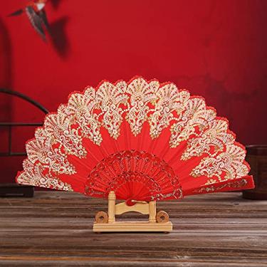 Imagem de HSYHKDSY Ventilador de mão dobrável, ventilador de mão vintage dobrável clássico vermelho tecido oriental grande ventilador chinês estético ventilador dobrável feito à mão para dançar, casamento
