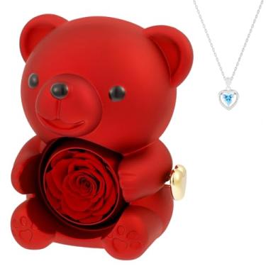 Imagem de Urso fofo com rosa artificial elegante em urso com colar requintado e caixa de presente presente romântico para ela no dia das mães, casamentos, aniversários e chás de panela, vermelho (1 pacote