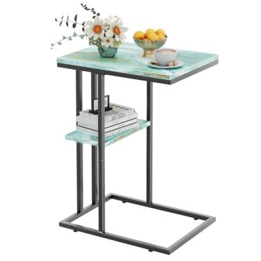 Imagem de Katrawu Mesa de canto em forma de C, mesa de lanche lateral para sofá pequeno com moldura de metal, bandeja de TV para espaço pequeno, mesa de sofá com moldura de metal para sala de estar e quarto, 40