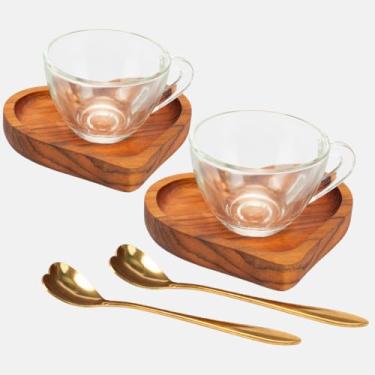 Imagem de Jogo Xícaras Chá + Pires Coracao Madeira + Colher Sobremesa