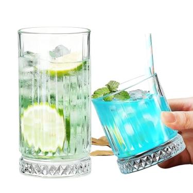 Imagem de BEoneBEwin Conjunto de 6 peças de vidro listrado vertical - 2 copos de uísque (212 g) + 2 canecas de café (340 g) + 2 copos de coquetel (425 g) com base de padrão de diamante