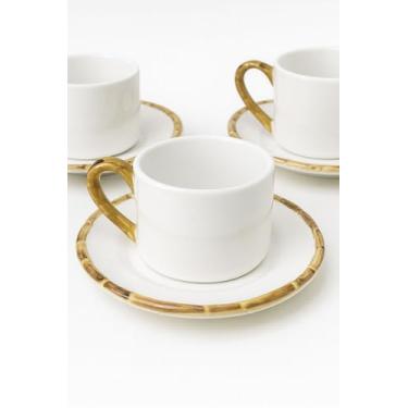 Imagem de Conjunto de Xícaras de Café com Pires, Porcelana Branca com Detalhes em Bambu Dourado, 100ml, 12 peças