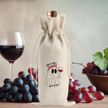 Imagem de Sacola de vinho tinto com laço rosa fantasma fofo de Halloween, presente para amigos, colegas, família, mulheres, homens, presentes para festas engraçadas de vinho