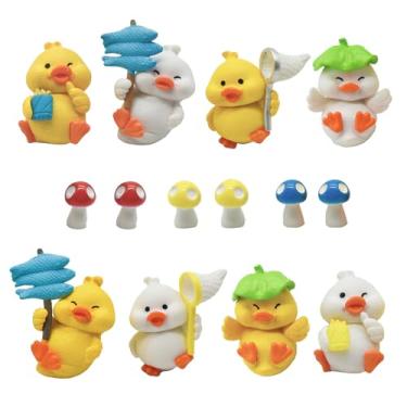Imagem de 8 peças mini estatuetas de pato com rede de pesca de folha de lótus 2,5 cm miniatura, pato cogumelos, topos de bolo, jardim de fadas, conjunto para artesanato de terrário com paisagem de musgo DIY