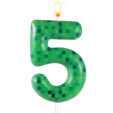 Imagem de Vela de bolo de aniversário Pixel Miner, vela de aniversário dinamite, número verde, vela de aniversário com tema TNT, para jogos de bolo de aniversário, suprimentos de decoração de festa (número 5)