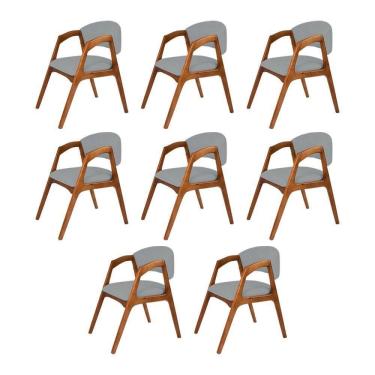 Imagem de Conjunto Com 8 Cadeiras De Jantar Estofada Gabriela Em Madeira E Mdf Cerejeira Linho Cinza