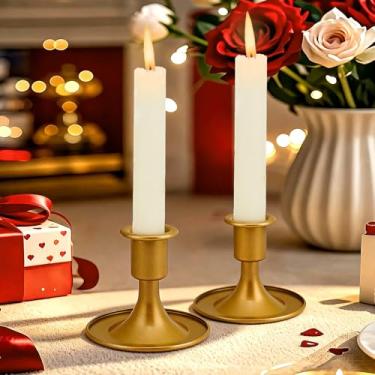Imagem de 2 peças de castiçais, castiçais cônicos, castiçais dourados para mesa central, recepção de casamento, decoração festiva de Natal e Halloween