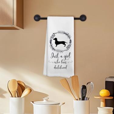 Imagem de Toalhas de cozinha Dachshund, presentes de cachorro Weiner, toalhas de prato para cozinha, Just A Girl Who Loves Dachshund Toalha de chá de mão para banheiro, 40,6 x 61 cm