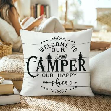 Imagem de Capas de almofada de acampamento 45 x 45 cm, bem-vindo ao nosso camper, Our Happy Place, capas decorativas para trailer, acampamento, decoração
