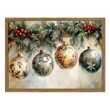 Imagem de Arte de parede em tela de Natal vintage emoldurada, pinturas de decoração de parede de bola de enfeite de Natal vintage, impressões de fotos de férias de inverno rústicas para sala de estar quarto