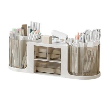 Imagem de LiebeWH Pen Grande Portador de Caneta para Mesa, 360 Graus de Giro do Organizador de Mesa de Plástico Rotativo Pen Com 2 Suportes de Caneta e Gaveta para Material de Papelaria Escolar (Branco)