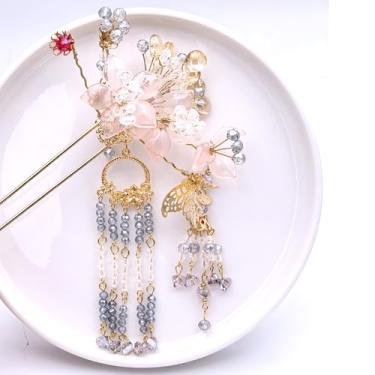 Imagem de 1 peça rabithenn elegante palito de cabelo de camélia, flor roxa e transparente com alfinete de cabelo de folhas verdes para mulheres, acessório de penteado de coque chinês updo presente (flor de