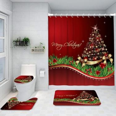 Imagem de Ansouyi Conjunto de 4 peças de cortina de chuveiro de banheiro com tapetes antiderrapantes, tampa de vaso sanitário e tapete de banho, árvore de Natal dourada vermelha com fita, cortina de chuveiro