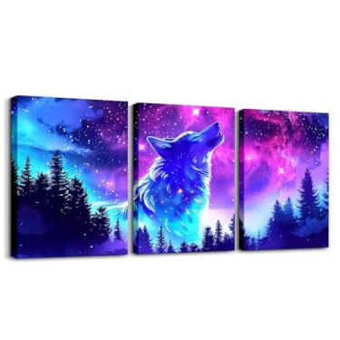 Imagem de Feelyou Decoração de parede de escritório luz do norte pôsteres coloridos galáxia lobo banheiro arte de parede crianças céu estrelado aurora arte de parede em tela lobo uivante animal selvagem