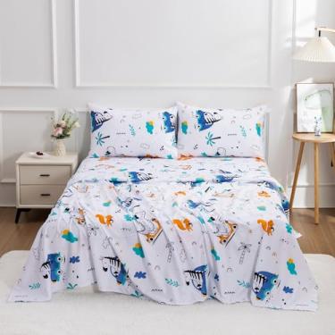 Imagem de URLINENS Jogo de lençol infantil solteiro com desenho animado de animais de zebra, esquilo, dinossauro, microfibra macia, 3 peças, 1 lençol com elástico, 1 lençol de cima e 1 fronha