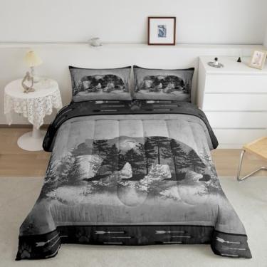 Imagem de Feelyou Conjunto de cama solteiro rústico com urso, animal selvagem, casa de fazenda, para meninos, meninas, adolescentes, natureza, vida selvagem, lã, caça, capa de edredom cinza, microfibra macia
