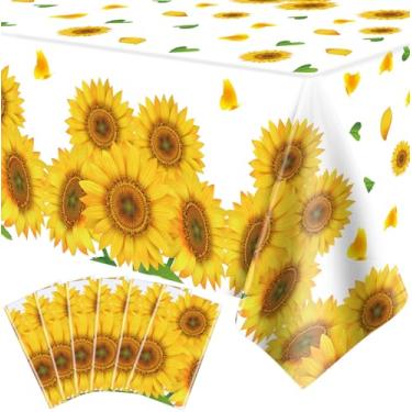 Imagem de Dvaorc Pacote com 6 toalhas de mesa de girassol, 139 x 203 cm, toalha de mesa de girassol rústica de plástico, toalhas de mesa com flores de sol, flores de sol, para festa de aniversário, girassóis